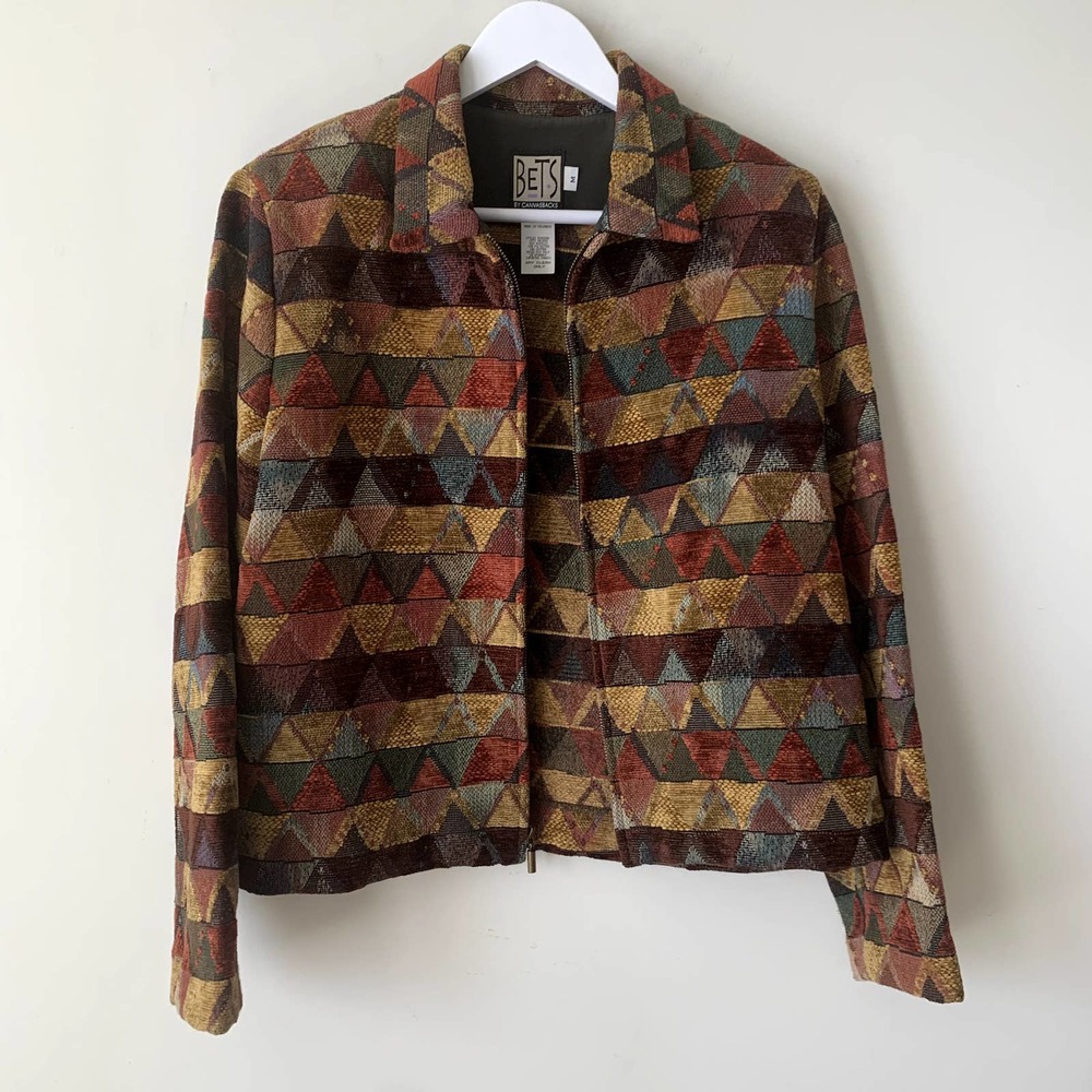 Vintage Bets by Canvasbacks Jacket Zip Up Coat Brown Geo Patchwork Tapestry M